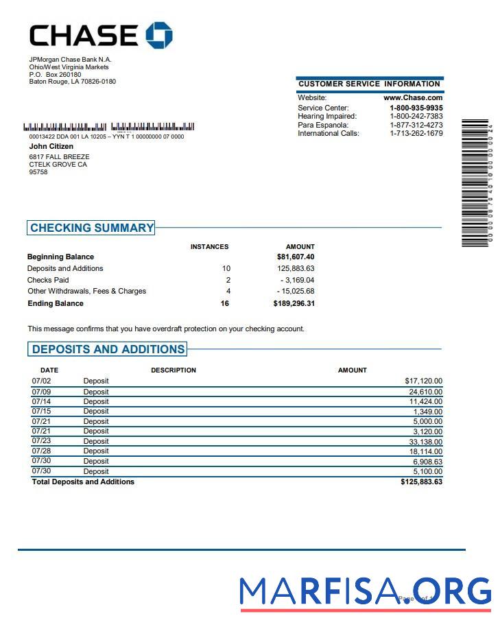 Realistic USA JP Morgan Chase bank statement word real example